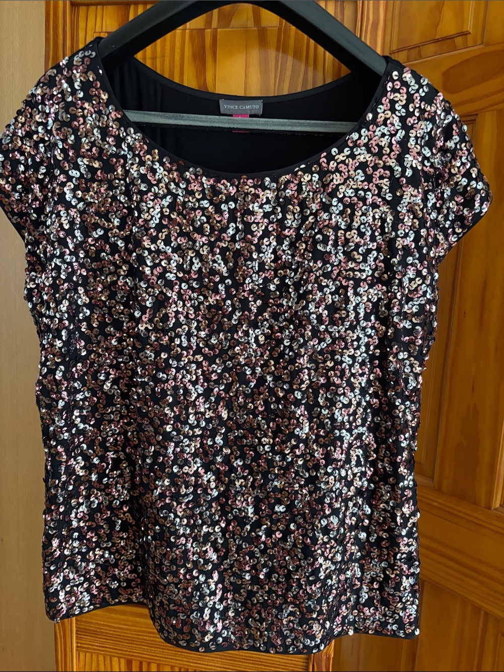 Vince Camuto Black Sequin Short Sleeve Blouse with Rose Gold & Silver Accents